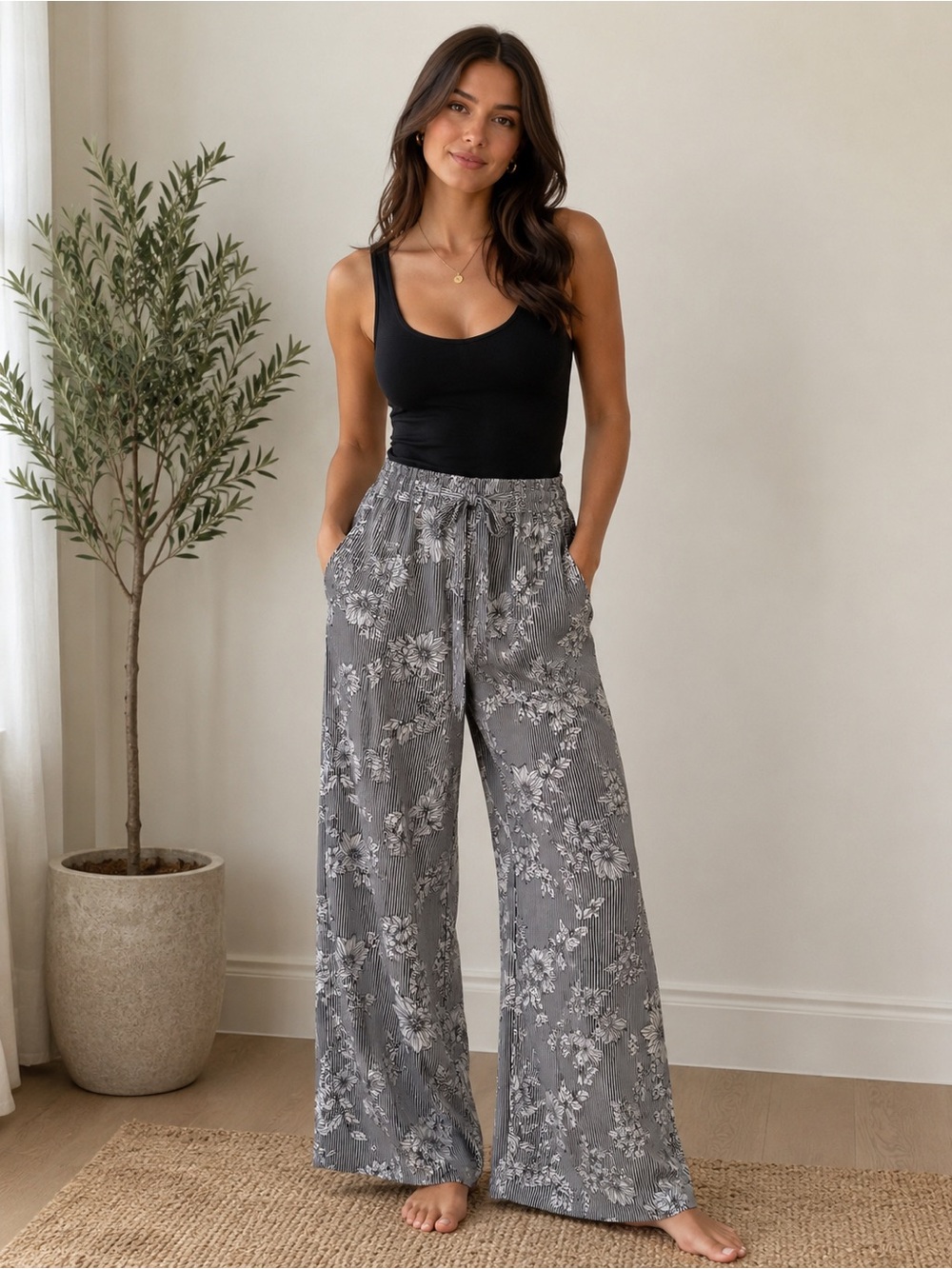Wide Leg Floral Print Lounge Pants - Gray